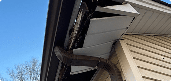 Damaged rain gutter with brown downspout on white siding